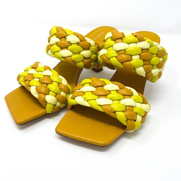 MARC FISHER Toree Yellow Puff Woven Square Toe Heeled Sandals - Picture 1 of 10